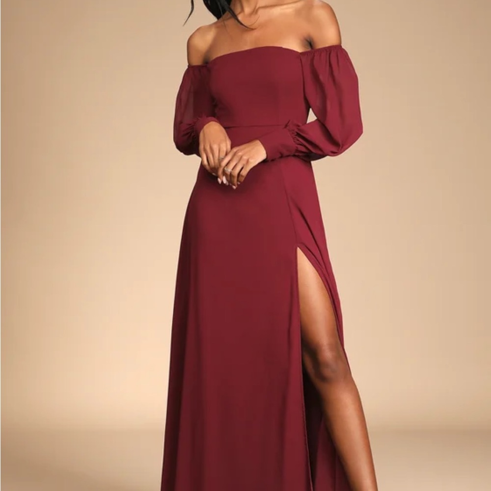 Lulus Feel the Romance Burgundy Off-the-Shoulder Maxi Dress